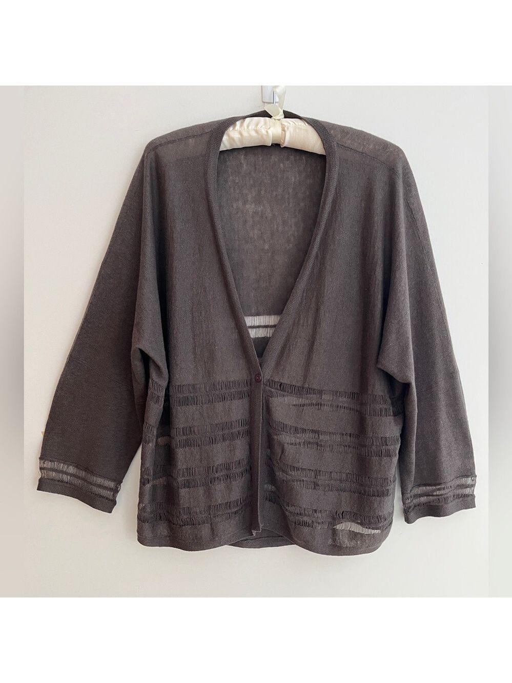 360 CASHMERE Lightweight Flowy Taupe Cardigan Sheer Delicate Stripe V Neck Chic